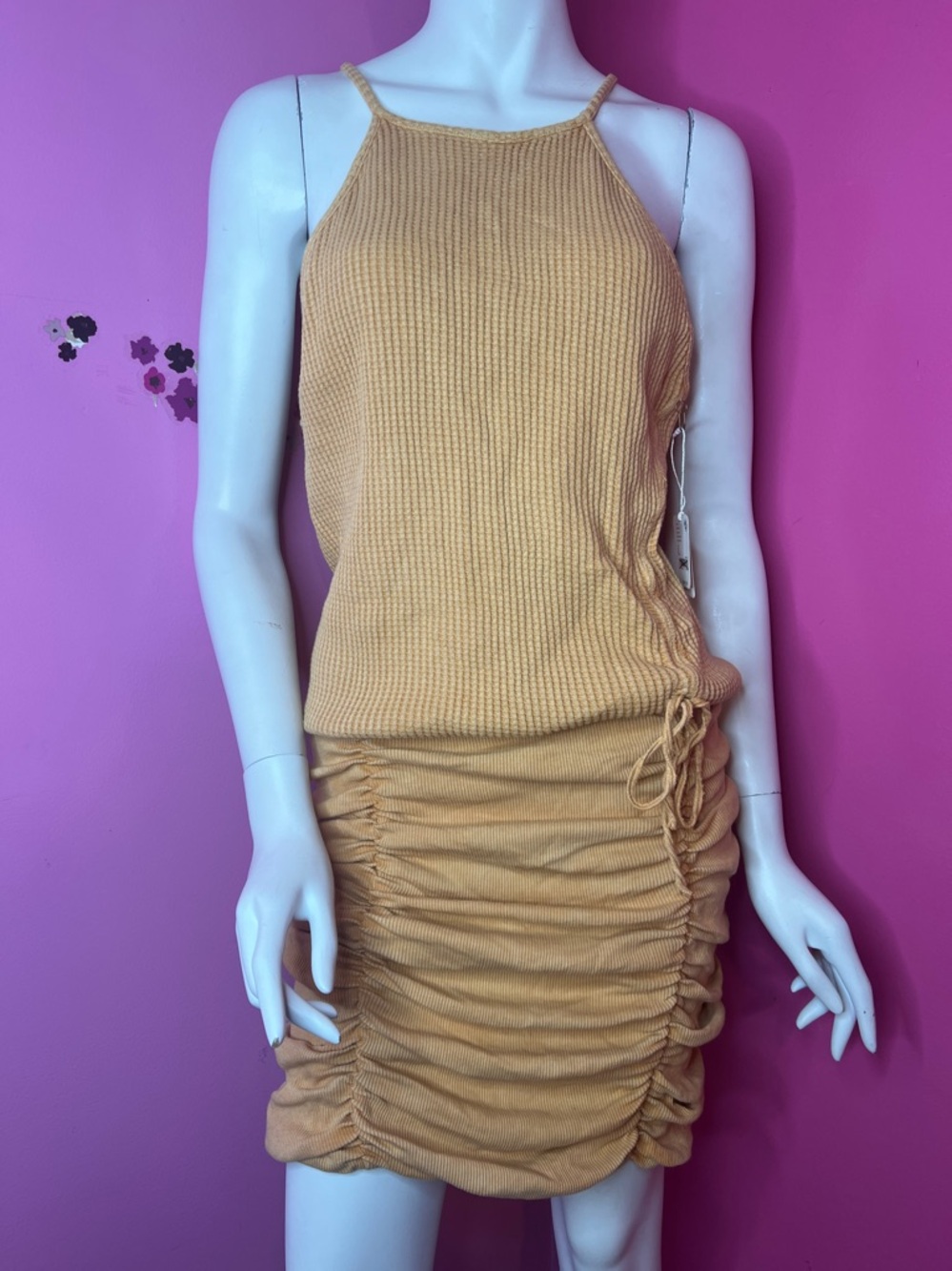 Free People ruched dress mustard brown size large